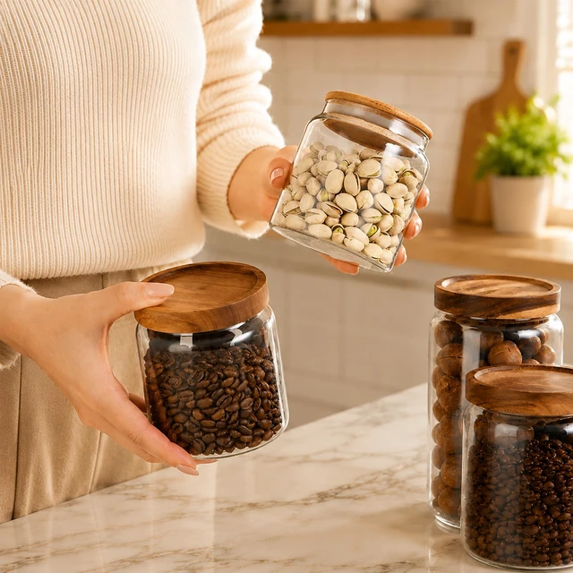 Alt view image 2 of 6 - Custde 17 fl oz Small Glass Storage Containers with Lids, Candy Jar, Decorative Jar for Kitchen Pantry Coffee Sugar Tea (Bamboo)