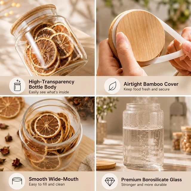 Alt view image 3 of 6 - Custde 17 fl oz Small Glass Storage Containers with Lids, Candy Jar, Decorative Jar for Kitchen Pantry Coffee Sugar Tea (Bamboo)