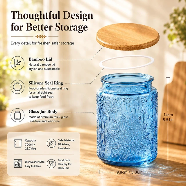 Alt view image 4 of 6 - Custde Blue Vintage Glass 23.7oz Airtight Bamboo Lid Candy Jar Kitchen Storage Canister for Sugar Coffee Tea Cookies Bath Salt Decorative Mason Jar