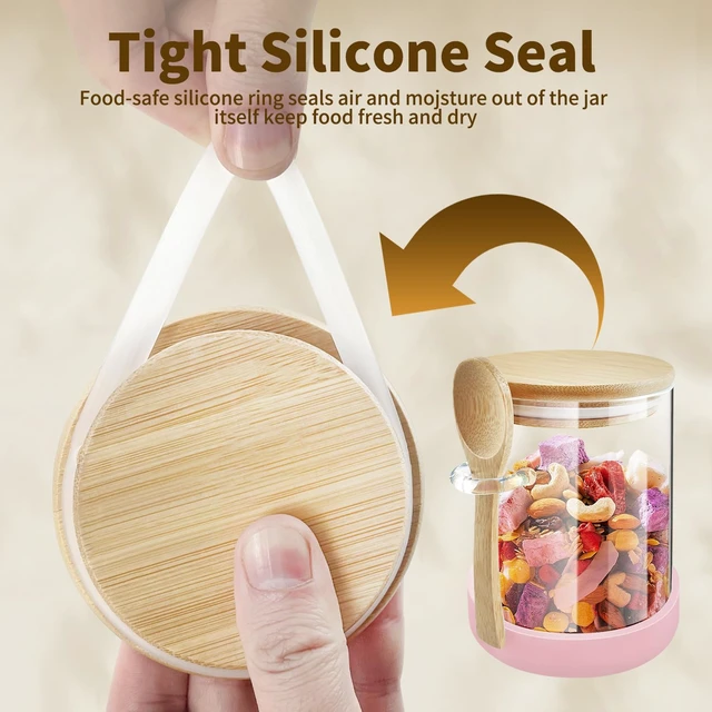 Alt view image 5 of 7 - 26 oz Borosilicate Glass Jars with Bamboo Lids and Spoons, Airtight Clear Food Storage Canister for Cookie, Candy, Coffee Bean, Sugar, Matcha Tea, Spices, Dry Goods, 3 Pa