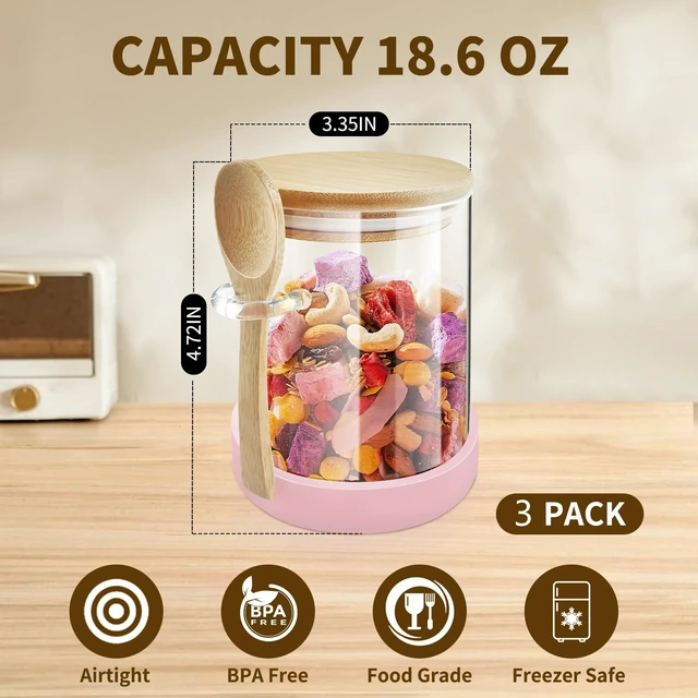 Alt view image 2 of 7 - 26 oz Borosilicate Glass Jars with Bamboo Lids and Spoons, Airtight Clear Food Storage Canister for Cookie, Candy, Coffee Bean, Sugar, Matcha Tea, Spices, Dry Goods, 3 Pa
