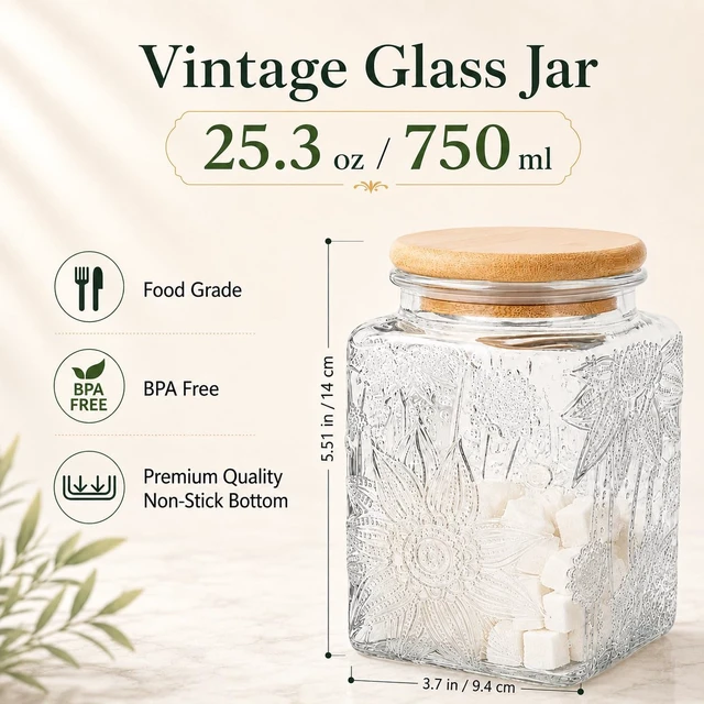 Alt view image 2 of 7 - 3FLOZ Vintage Decorative Square Glass Jar with Lid for Home Kitchen Coffee Tea Candy Sugar (Square Sunflower)