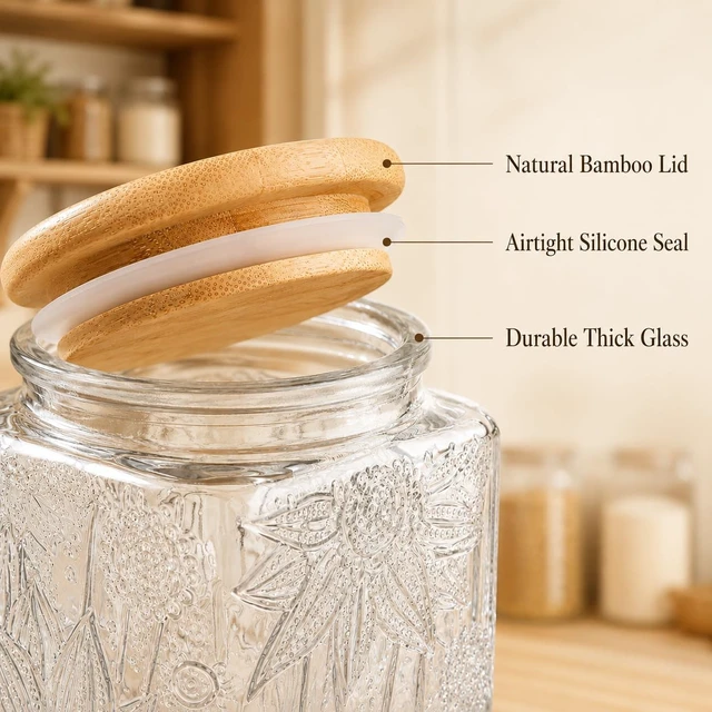 Alt view image 7 of 7 - 3FLOZ Vintage Decorative Square Glass Jar with Lid for Home Kitchen Coffee Tea Candy Sugar (Square Sunflower)