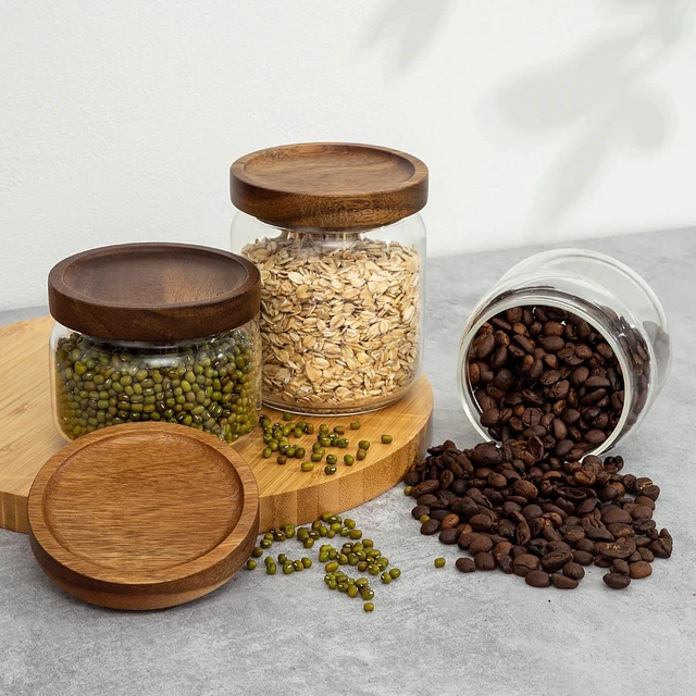 Alt view image 3 of 6 - 1PC Glass Storage Jar with Airtight Lid, 11fl oz (300ml) Coffee Container with Wooden Lid, Pantry Canister for Beans Rice Sugar