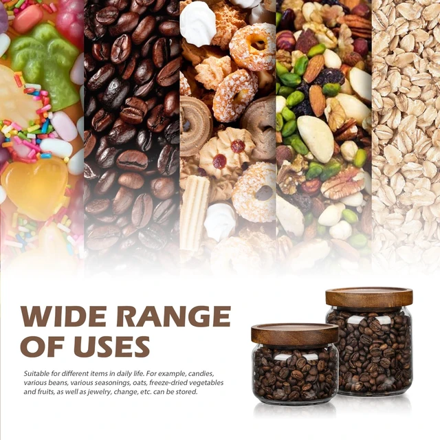 Alt view image 6 of 6 - 1PC Glass Storage Jar with Airtight Lid, 11fl oz (300ml) Coffee Container with Wooden Lid, Pantry Canister for Beans Rice Sugar