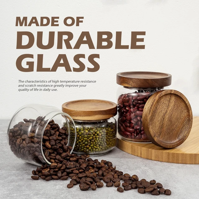 Alt view image 4 of 6 - 1PC Glass Storage Jar with Airtight Lid, 11fl oz (300ml) Coffee Container with Wooden Lid, Pantry Canister for Beans Rice Sugar