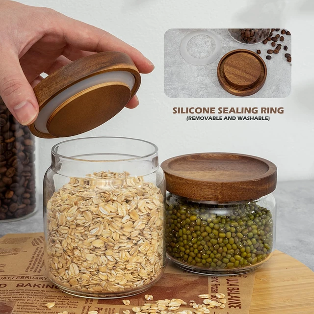 Alt view image 5 of 6 - 1PC Glass Storage Jar with Airtight Lid, 11fl oz (300ml) Coffee Container with Wooden Lid, Pantry Canister for Beans Rice Sugar