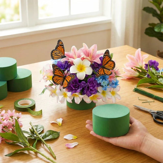 Alt view image 4 of 6 - 4 Pack Round Floral Foam, Dry and Wet Green Flower Foam Blocks for Fresh and Artificial Flowers, Florist Styrofoam (3.15 Inch)