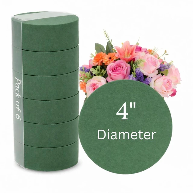 Main image of Pack of 6 FLOFARE Round Floral Foam Blocks 4" x 1.4" Dry & Wet Green for Fresh and Artificial Flowers, Flower Arrangements & Florist Supplies