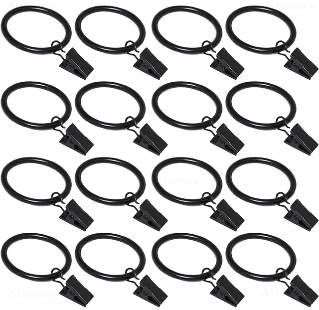 Main image of 16 Pack Curtain Rings with Clips, Black, 1.26-Inch Diameter, Fits Up to 1-Inch Rod for Curtains and Drapery