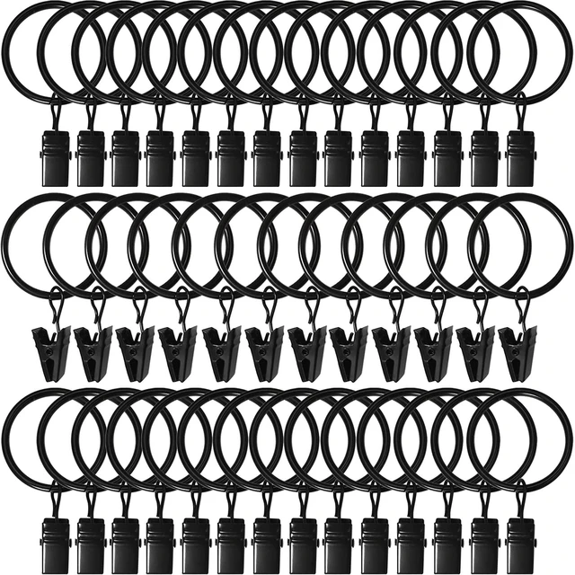 Main image of 40 Pack Curtain Rings with Clips, Interior Diameter 1.26in, Fits up to 1in Curtain Rod, Black