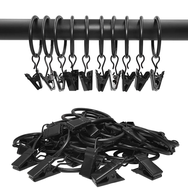 Alt view image 4 of 6 - 40 Pack Curtain Rings with Clips, Interior Diameter 1.26in, Fits up to 1in Curtain Rod, Black