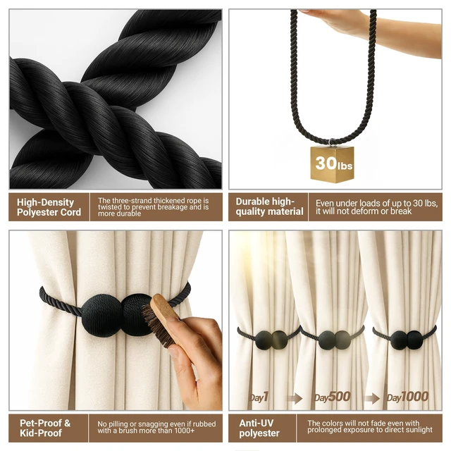 Alt view image 2 of 6 - Hion Magnetic Curtain Tiebacks Black 2pcs, Holdbacks Hooks Holders