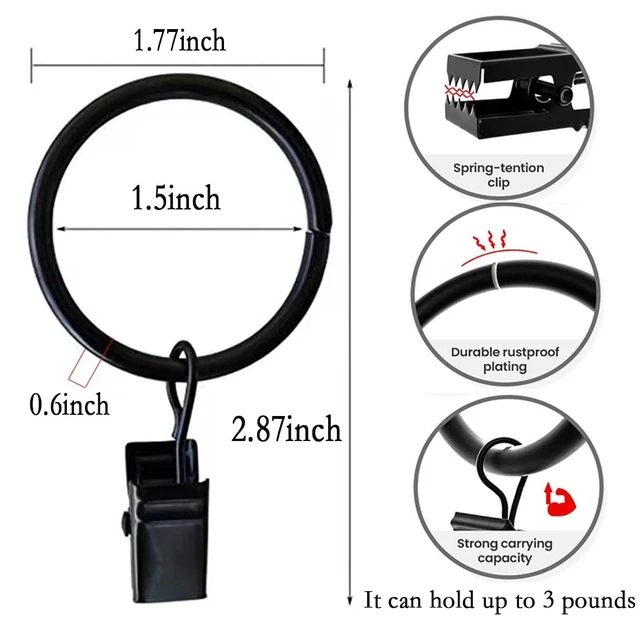 Alt view image 6 of 7 - 5 Inch Black Metal Curtain Rings with Clips, 20 Pcs, Rustproof Vintage Decorative Curtain Hooks