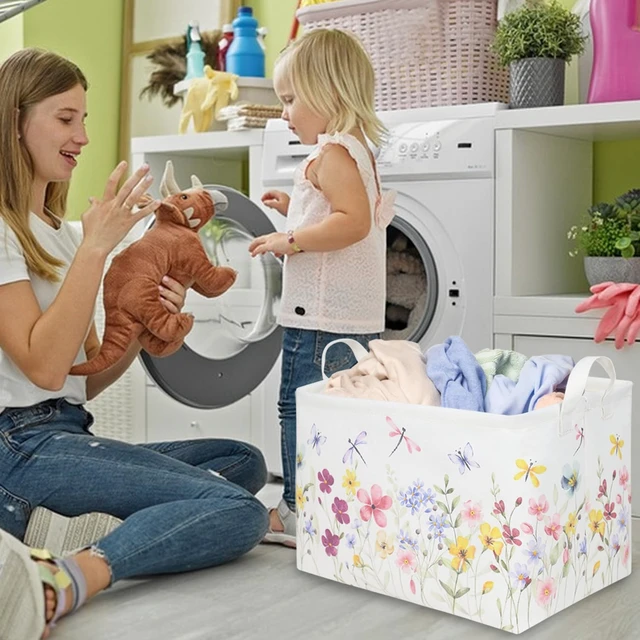 Alt view image 5 of 7 - Boho Flower Nursery Basket, Waterproof Collapsible Storage Bin with Fall Wildflower Floral Dandelion Design, Baby Girl Gift Basket for Girls Bedroom Decor