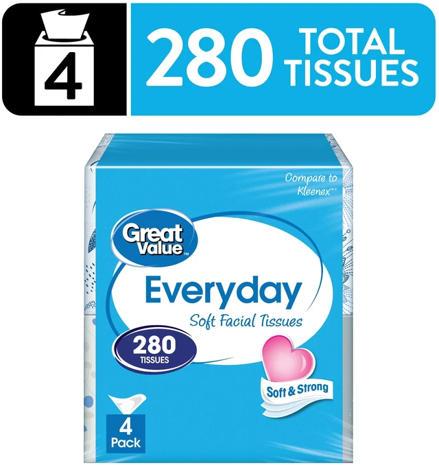 Main image of Great Value Everyday Soft Facial Tissues, 2-Ply, 4 Cubes, 70 Tissues per Cube