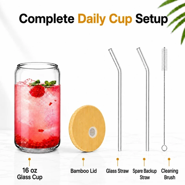 Alt view image 4 of 6 - 16 oz Glass Cup with Bamboo Lid and Glass Straw 1 Pack, Iced Coffee Cup for Matcha, Soda, Tea and Daily Drinks