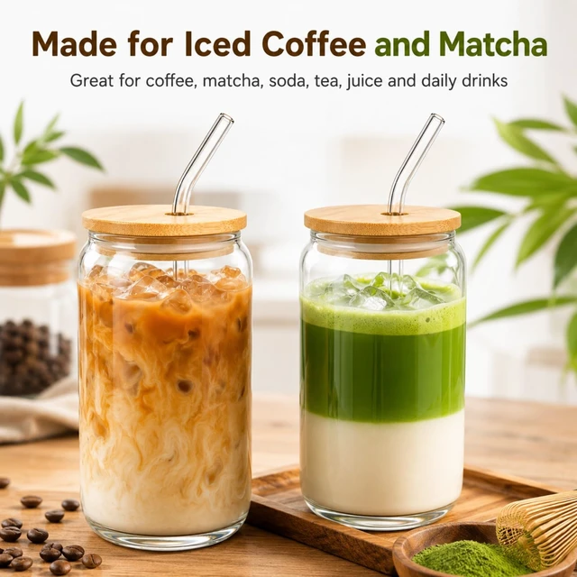Alt view image 2 of 6 - 16 oz Glass Cup with Bamboo Lid and Glass Straw 1 Pack, Iced Coffee Cup for Matcha, Soda, Tea and Daily Drinks