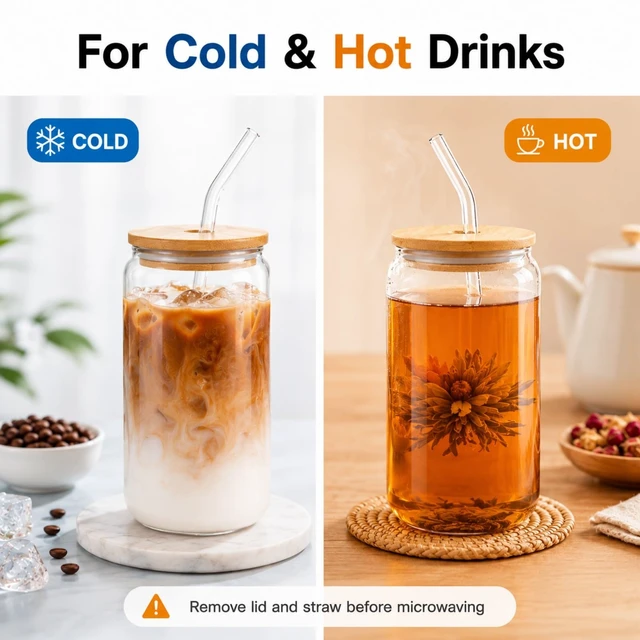 Alt view image 3 of 6 - 16 oz Glass Cup with Bamboo Lid and Glass Straw 1 Pack, Iced Coffee Cup for Matcha, Soda, Tea and Daily Drinks