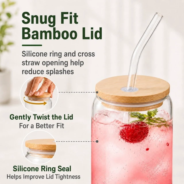 Alt view image 5 of 6 - 16 oz Glass Cup with Bamboo Lid and Glass Straw 1 Pack, Iced Coffee Cup for Matcha, Soda, Tea and Daily Drinks