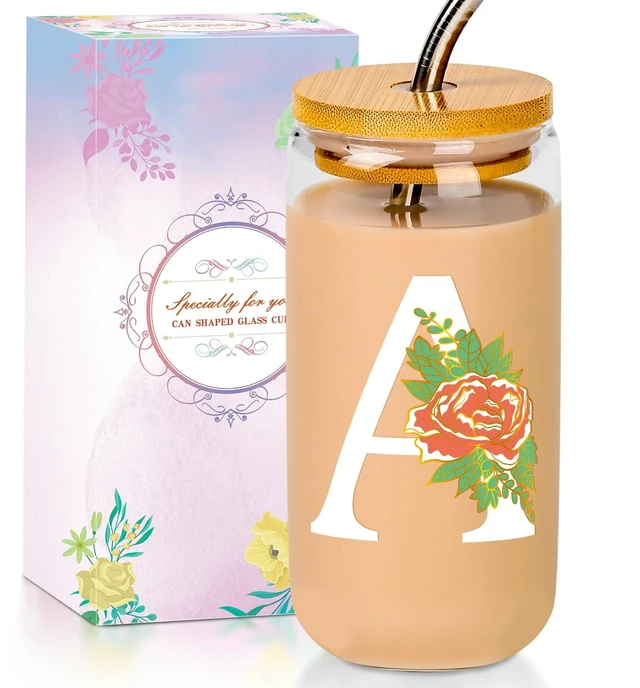 Main image of 16Oz Initial Glass Cup with Lid and Straw Personalized Color-Changing