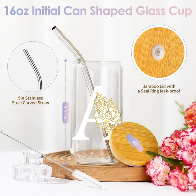 Alt view image 2 of 6 - 16Oz Initial Glass Cup with Lid and Straw Personalized Color-Changing