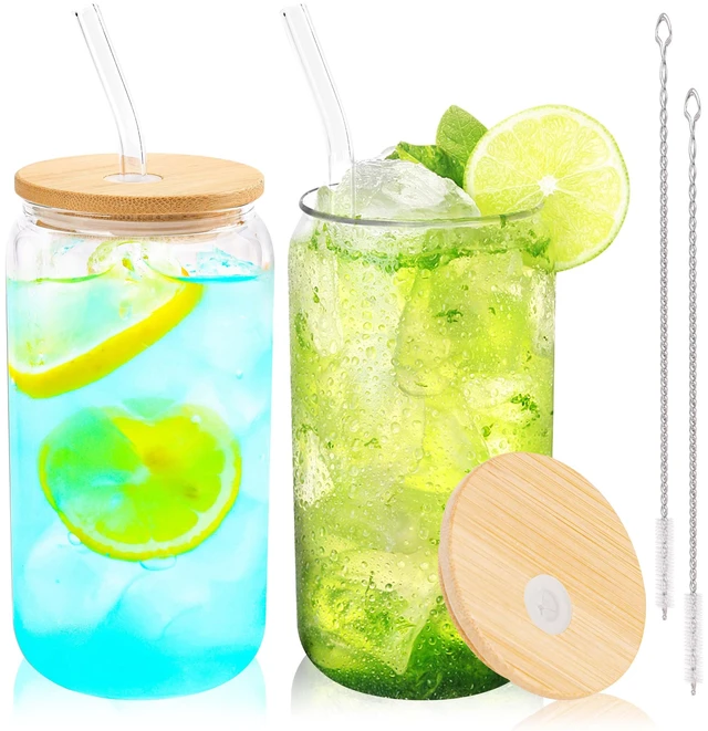 Main image of Joyclub 2 Set 16oz Glass Cups with Bamboo Lids and Straws Reusable Iced Coffee Beer Can Drinking Jars for Smoothie Whiskey Boba Soda Tea Gift