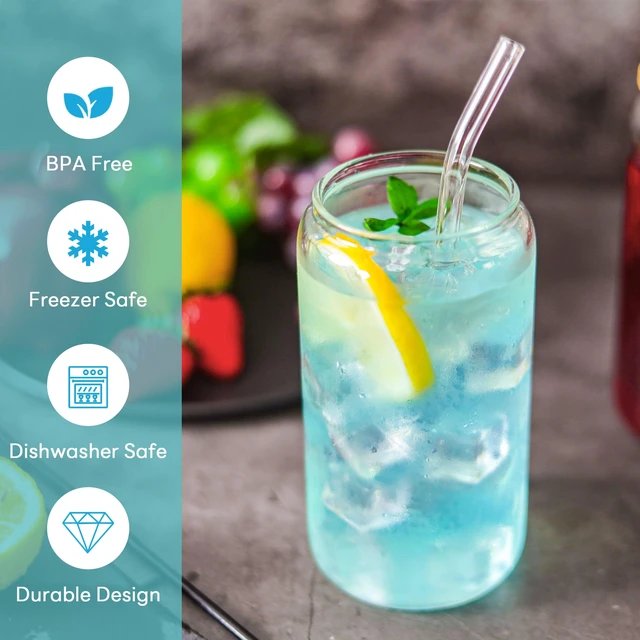 Alt view image 5 of 6 - Joyclub 2 Set 16oz Glass Cups with Bamboo Lids and Straws Reusable Iced Coffee Beer Can Drinking Jars for Smoothie Whiskey Boba Soda Tea Gift
