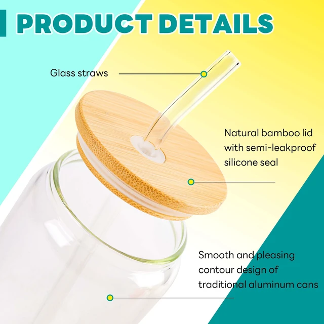 Alt view image 2 of 6 - Joyclub 2 Set 16oz Glass Cups with Bamboo Lids and Straws Reusable Iced Coffee Beer Can Drinking Jars for Smoothie Whiskey Boba Soda Tea Gift