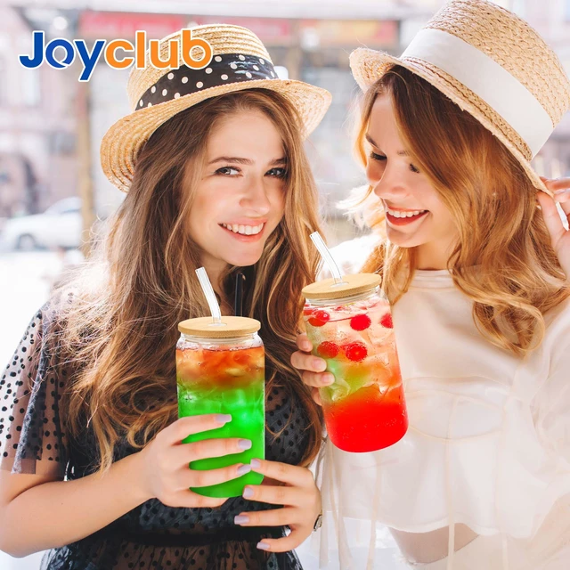 Alt view image 3 of 6 - Joyclub 2 Set 16oz Glass Cups with Bamboo Lids and Straws Reusable Iced Coffee Beer Can Drinking Jars for Smoothie Whiskey Boba Soda Tea Gift
