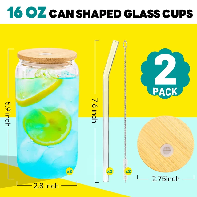 Alt view image 4 of 6 - Joyclub 2 Set 16oz Glass Cups with Bamboo Lids and Straws Reusable Iced Coffee Beer Can Drinking Jars for Smoothie Whiskey Boba Soda Tea Gift