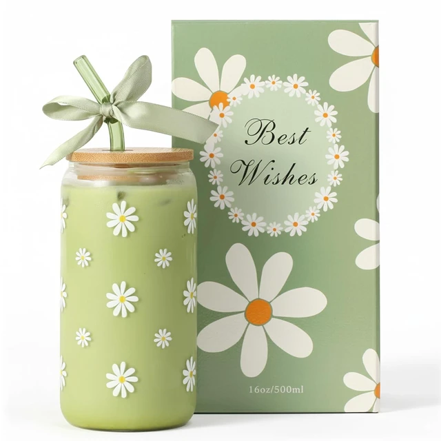 Main image of Matcha Glass Daisy Coffee Cup Birthday Gift for Women