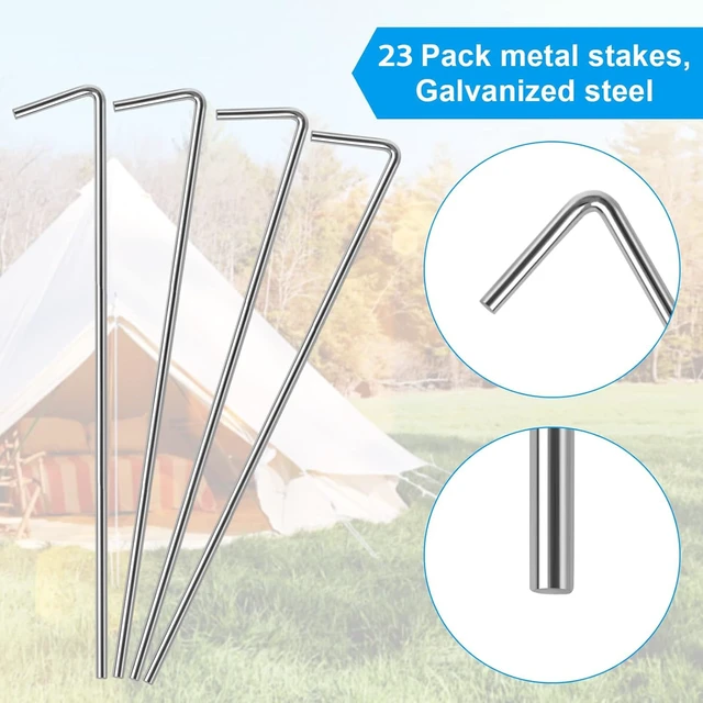 Alt view image 3 of 7 - Oligei 23 Pack Heavy Duty Metal Tent Stakes, Hooked Silver Tent Pegs for Camping, Gardening & Outdoor Decorations
