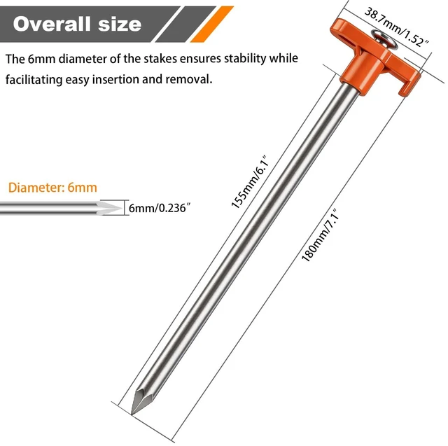Alt view image 3 of 6 - 12-Pack 7.1-Inch Heavy Duty Rust-Resistant Metal Tent Stakes with Orange Rubber Protective Sleeves for Tarps, Canopies, Garden Use