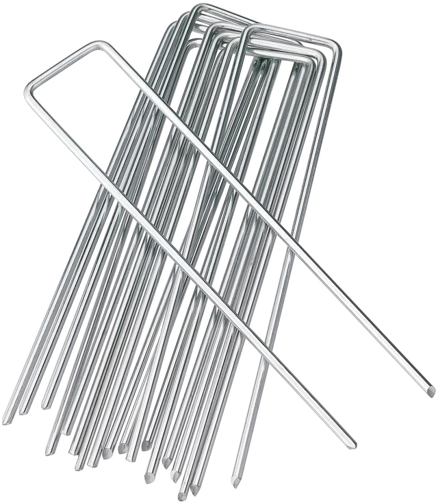 Main image of 6 Inches Heavy Duty Galvanized Steel Garden Stakes and Staples for Weed Fabric, Landscape Netting, Ground Sheets, Fleece, Christmas Decoration (10, Silver)