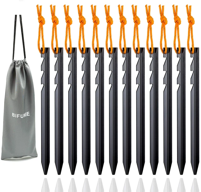Main image of Aluminum Alloy Tent Stakes 12-Pack with Reflective Pull Ropes, Lightweight Ground Pegs for Camping Tents Hammocks
