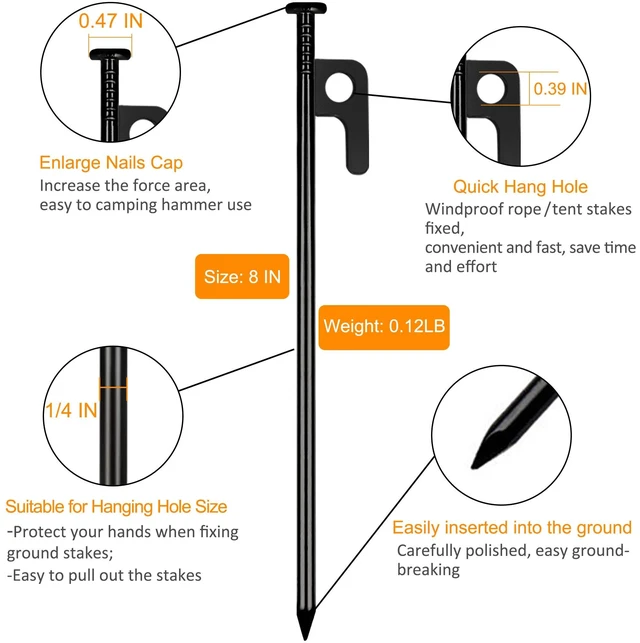 Alt view image 2 of 6 - RIY Heavy Duty 8inch Steel Tent Stakes Inflexible and Unbreakable 8PCS