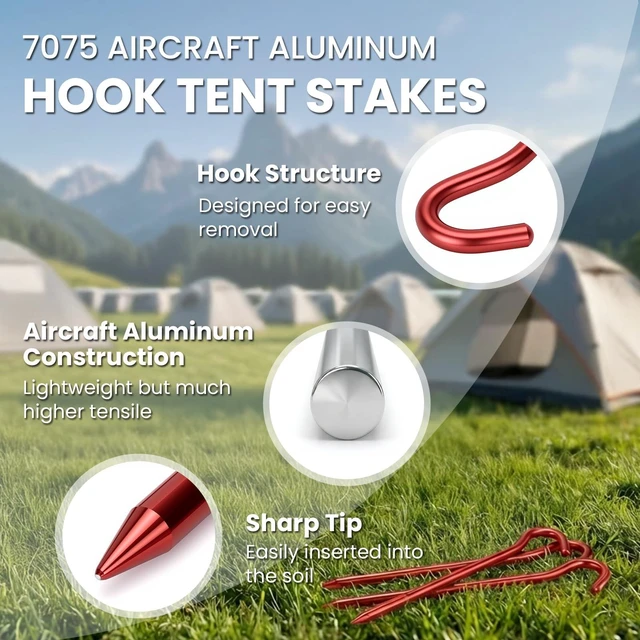 Alt view image 3 of 7 - 10Pack Aluminum Tent Tarp Stakes, 7Inch Lightweight Hook Stakes