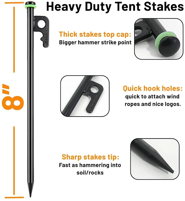 Alt view image 7 of 7 - 8Inch Heavy Duty Tent Stakes, 8Pcs Tent Pegs with Metal and Fluorescent Silicone Rings and Storage Bag for Camping