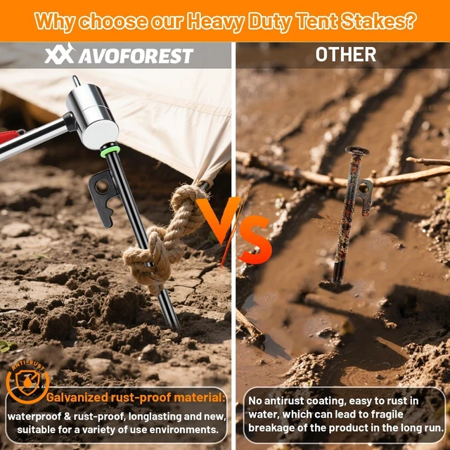 Alt view image 5 of 7 - 8Inch Heavy Duty Tent Stakes, 8Pcs Tent Pegs with Metal and Fluorescent Silicone Rings and Storage Bag for Camping
