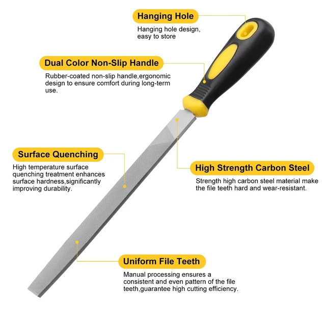Alt view image 3 of 7 - 8in Flat Metal File, 12in Overall Length, Hardened High Carbon Steel, Anti-Slip Ergonomic Handle, Uniform Teeth, for Sharpening and Deburring Metal, Stone, Wood, Plastic