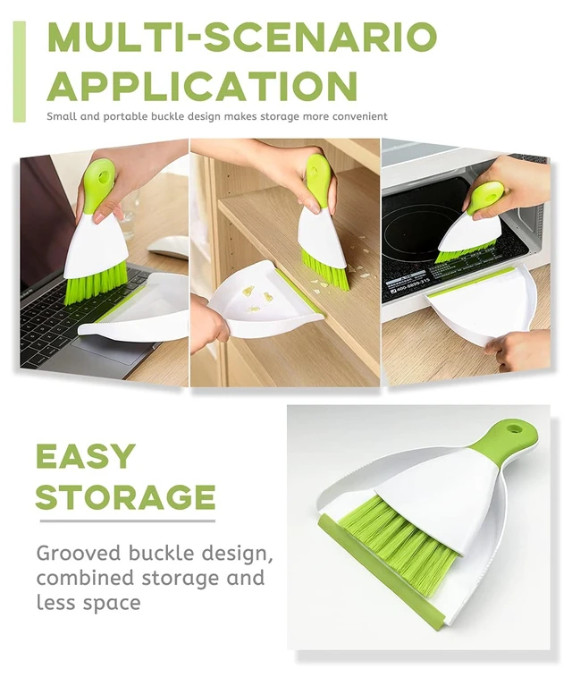 Alt view image 4 of 5 - Small Broom and Dustpan Set, Mini Dustpan and Brush for Home Cleaning, Sofa, Desk, Guinea Pig Cage, Cat Litter, Green