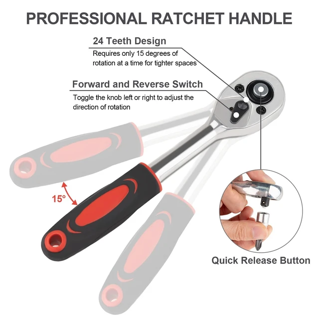 Alt view image 7 of 7 - Beaiguna 46-Piece 1/4-Inch Drive Socket and Ratchet Wrench Set with Screwdriver, Extension Bar, Compact Tool Set