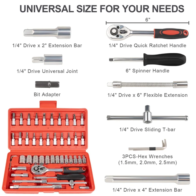 Alt view image 3 of 7 - Beaiguna 46-Piece 1/4-Inch Drive Socket and Ratchet Wrench Set with Screwdriver, Extension Bar, Compact Tool Set