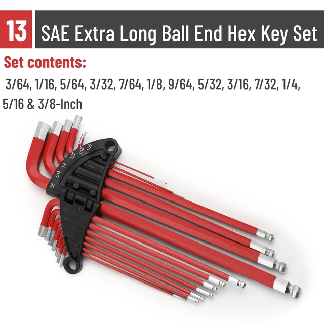 Alt view image 3 of 7 - Bates Long Allen Wrench Set, 13-Piece, SAE Hex Key, 3/64" to 3/8", 3.8" to 9" Length, Extra Long Arm with Ball End, for Precision Mechanics and DIY Repairs