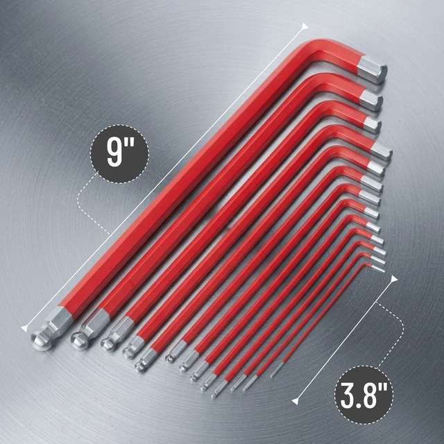 Alt view image 4 of 7 - Bates Long Allen Wrench Set, 13-Piece, SAE Hex Key, 3/64" to 3/8", 3.8" to 9" Length, Extra Long Arm with Ball End, for Precision Mechanics and DIY Repairs