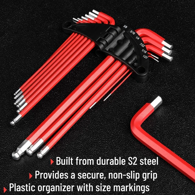 Alt view image 7 of 7 - Bates Long Allen Wrench Set, 13-Piece, SAE Hex Key, 3/64" to 3/8", 3.8" to 9" Length, Extra Long Arm with Ball End, for Precision Mechanics and DIY Repairs