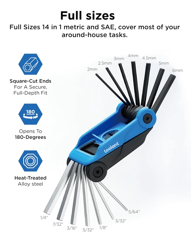 Alt view image 3 of 6 - Kraftek Toolant 14-Piece Folding Allen Wrench Set, Metric 2mm-6mm and SAE 5/64"-1/4", CRV Steel Compact Hex Key Set for Bike Repair and Home