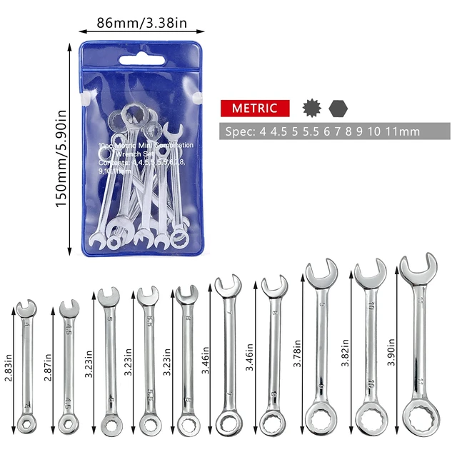 Alt view image 4 of 6 - Mini Open End Combination Wrench Set with Chain Ring, Metric, 10pcs