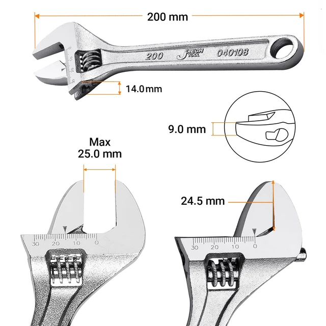 Alt view image 4 of 6 - Jetech 8-Inch Adjustable Wrench - Professional Cr-V Steel Shifter with Metric Scale Wide Caliber Opening for Home, Garage, Workshop and DIY
